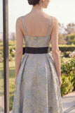 Dusty Blue Jacquard Asymmetrical V-Neck Floral Midi Dress with Bow