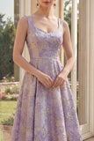 Dusty Lilac Floral Thick Straps Jacquard A Line Midi Dress