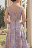 Dusty Lilac Floral Thick Straps Jacquard A Line Midi Dress