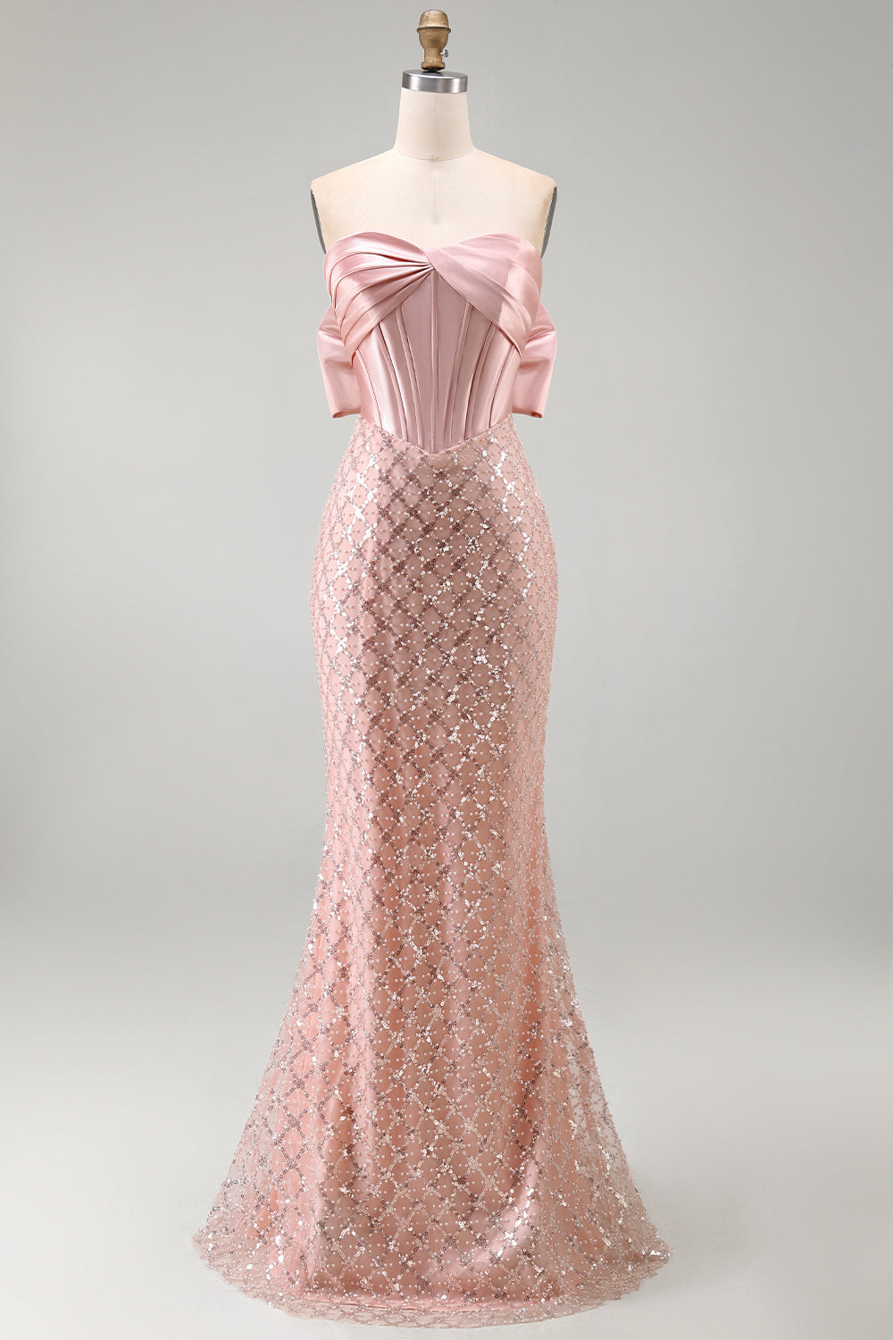 Zapaka Women Strapless Blush Maxi Dress Mermaid Sequin Corset Wedding Guest Dress with Bow, Blush / US24W