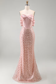 Blush Mermaid Sequin Strapless Corset Maxi Dress with Bow