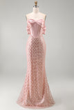 Blush Mermaid Sequin Strapless Corset Maxi Dress with Bow