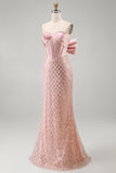 Blush Mermaid Sequin Strapless Corset Maxi Dress with Bow
