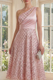 Sparkly One Shoulder Blush A Line Bowed Midi Dress