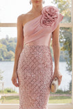 Sparkly One Shoulder Blush Bodycon Midi Dress