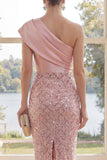 Sparkly One Shoulder Blush Bodycon Midi Dress