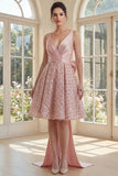 Sparkly Blush V Neck A Line Ruched Midi Dress with Large Bow