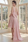 Sparkly Blush V Neck A Line Ruched Midi Dress with Large Bow