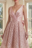 Sparkly Blush V Neck A Line Ruched Midi Dress with Large Bow