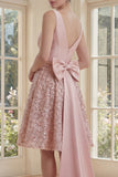 Sparkly Blush V Neck A Line Ruched Midi Dress with Large Bow