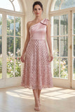 Sparkly One Shoulder Sequin Blush A Line Midi Dress with Bow