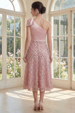 Sparkly One Shoulder Sequin Blush A Line Midi Dress with Bow