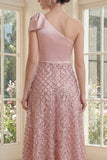 Sparkly One Shoulder Sequin Blush A Line Midi Dress with Bow