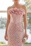 Sparkly Strapless Corset Blush Bodycon Mini Dress with 3D Flower