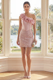 Sparkly One Shoulder Blush Bodycon Mini Dress with 3D Flower