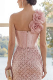 Sparkly One Shoulder Blush Bodycon Mini Dress with 3D Flower