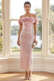 Off the Shoulder Blush Corset Bodycon Maxi Dress with 3D Flowers