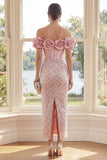 Off the Shoulder Blush Corset Bodycon Maxi Dress with 3D Flowers