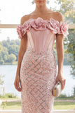 Off the Shoulder Blush Corset Bodycon Maxi Dress with 3D Flowers