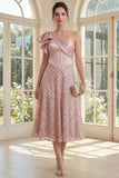 Sparkly One Shoulder Blush Ruched A Line Midi Dress