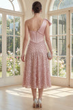 Sparkly One Shoulder Blush Ruched A Line Midi Dress