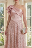 Sparkly One Shoulder Blush Ruched A Line Midi Dress
