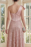 Sparkly One Shoulder Blush Ruched A Line Midi Dress
