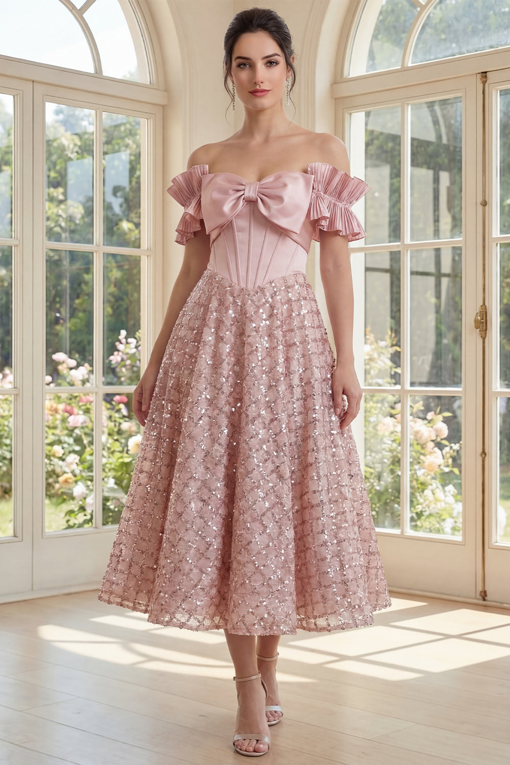 ZAPAKA Women Off the Shoulder Midi Dress Ruched Bowed Sequin Corset Blush A Line Wedding Guest Dress, Blush / US4