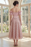 Off the Shoulder Blush Corset A Line Midi Dress with Bow