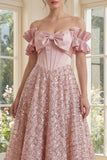 Off the Shoulder Blush Corset A Line Midi Dress with Bow