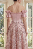 Off the Shoulder Blush Corset A Line Midi Dress with Bow