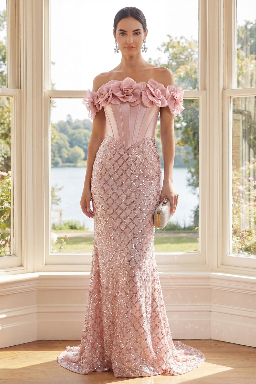 Zapaka Women Blush Mermaid Maxi Dress Sequin Corset Wedding Guest Dress