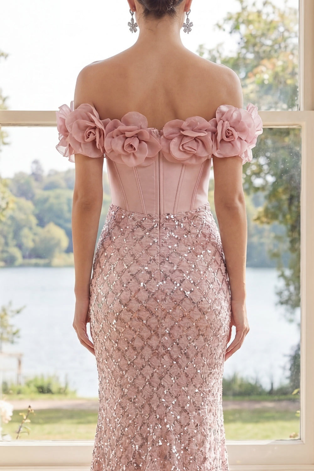 Zapaka Women Blush Mermaid Maxi Dress Sequin Corset Wedding Guest Dress
