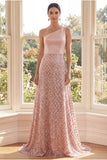 One Shoulder Blush A-Line Sequin Maxi Dress