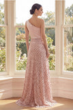 One Shoulder Blush A-Line Sequin Maxi Dress