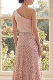 One Shoulder Blush A-Line Sequin Maxi Dress