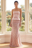 Sparkly Strapless Mermaid Blush Sequin Maxi Dress with Belt