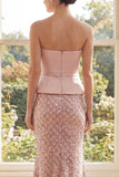 Sparkly Strapless Mermaid Blush Sequin Maxi Dress with Belt