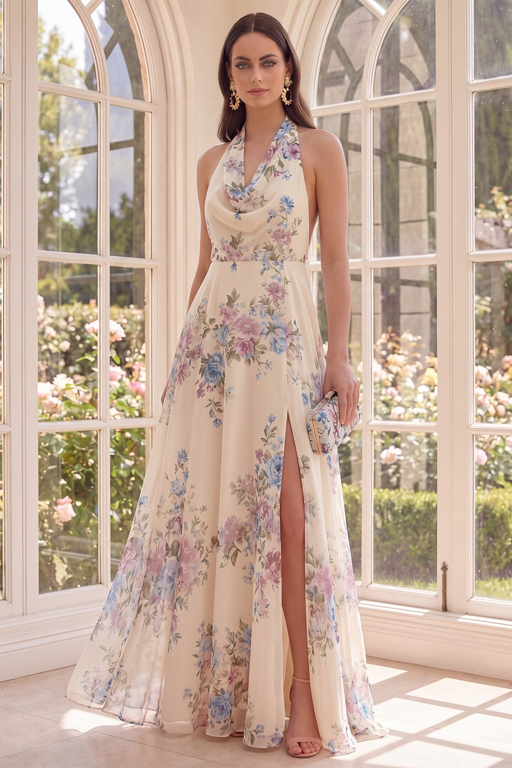 Zapaka Women Apricot Floral Beach Maxi Dress with Slit A Line Halter Backless Wedding Guest Dress, Apricot / US16
