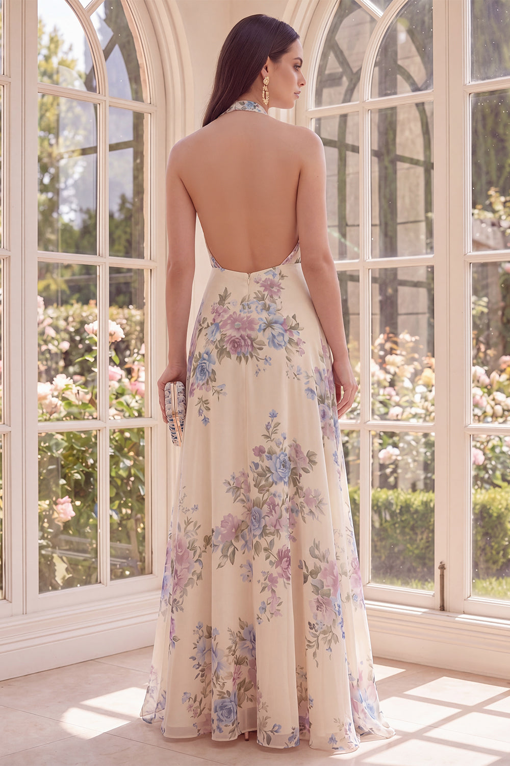 Zapaka Women Apricot Floral Beach Maxi Dress with Slit A Line Halter Backless Wedding Guest Dress, Apricot / US16