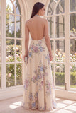 Halter Backless Apricot Floral A Line Maxi Beach Maxi Dress with Slit