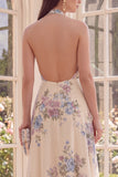 Halter Backless Apricot Floral A Line Maxi Beach Maxi Dress with Slit