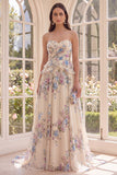 Basque Waist Apricot A Line Floral Maxi Dress with Ruffles