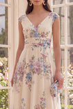Ruched Apricot V-Neck Floral A Line Beach Midi Dress
