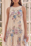 Boat Neck Apricot Floral A Line Beach Mini Floral Dress