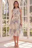 Floral Halter Apricot A Line Ruffled Beach Midi Dress with Bow