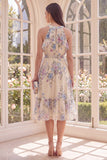 Floral Halter Apricot A Line Ruffled Beach Midi Dress with Bow