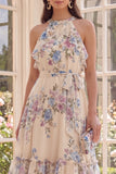 Floral Halter Apricot A Line Ruffled Beach Midi Dress with Bow