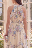 Floral Halter Apricot A Line Ruffled Beach Midi Dress with Bow