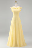 Chiffon Burgundy A Line Bateau Neck Long Bridesmaid Dress with Ruffles